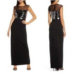 Vince Camuto Silver Sequin Black Formal Illusion Gown Dress Size 2